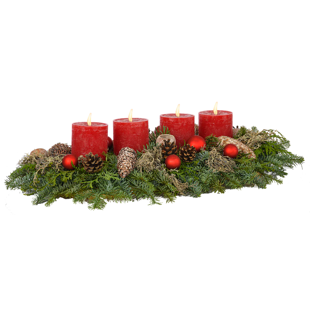 Advent Gesteck 45 cm Flechtenmoos mit rustikalen Kerzen in rot