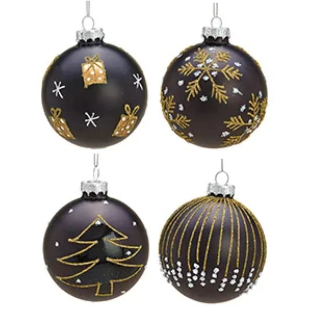 Weihnachtskugel aus Glas Schwarz Gold Motiv 8 cm 12er Set